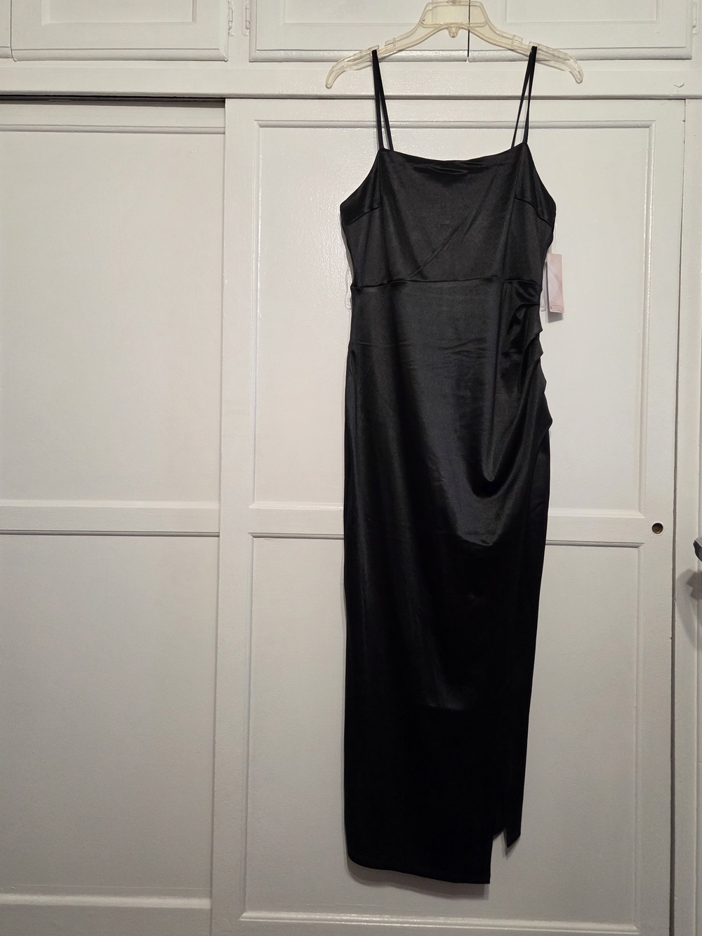 Satin Slip Midi Dress with Side Slit - Black